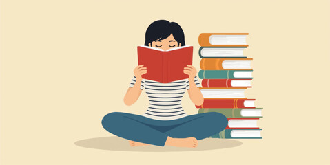 reading illustration, student, woman reading, studying, education, knowledge, stack of books, literature, vector illustration, flat design, e-learning, online education, line icons, minimalist, outlin
