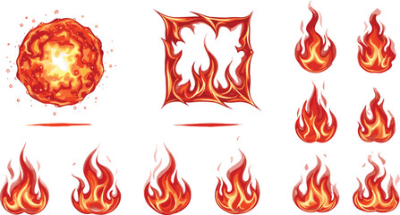 Fire flames, burning explosion, hot energy, realistic fire illustration, glowing heat, flame design, vector art, fiery texture, heat effect, orange flame, bright fire