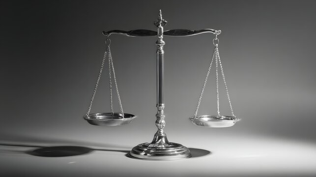Traditional metal balance scale stands poised in dramatic low key lighting