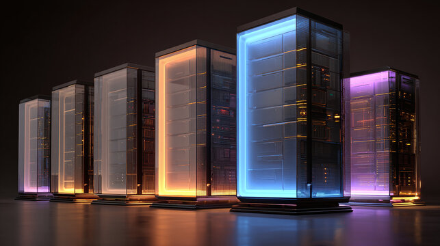 Array of servers illuminated with vibrant colors in a data center, symbolizing connectivity and technology - Powered by Adobe
