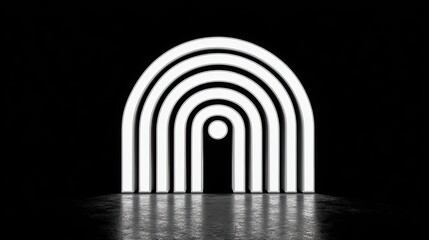Abstract white concentric arcs form a glowing symbol on a dark background.