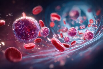 Digital medical artwork showing malignant blood cells circulating in a vessel