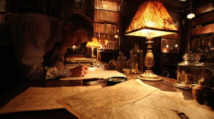 Dim library investigation: a lone detective uncovers hidden clues under warm lamplight