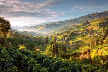 Obraz premium Distant green valleys frame a sunlit coffee farm near mountain towns in Colombia