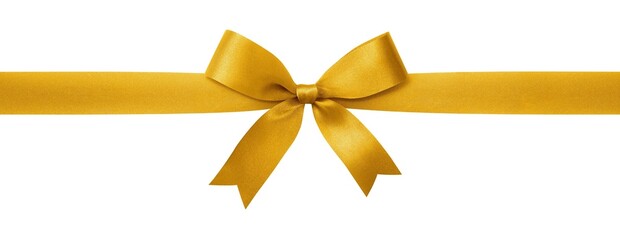 Golden ribbon with a shiny decorative bow on a white background.

