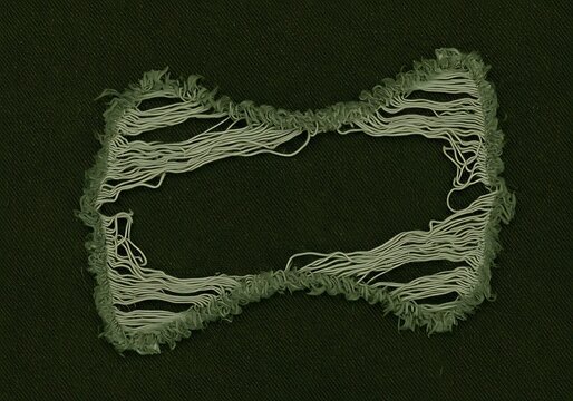 Detailed texture of a torn green fabric patch with loose threads creating an abstract pattern against a deep olive backdrop