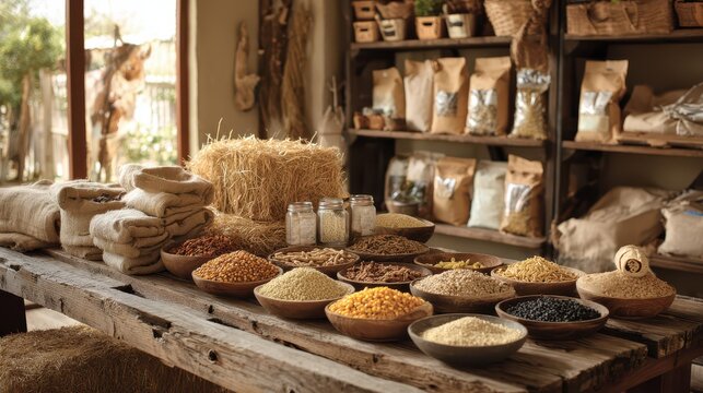 Diverse animal feed display with hay, pellets and grains on a rustic farm shelf