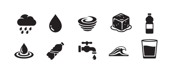 Water icon collection. It features icons like a water drop, moisture, liquid, bottle, litter, and more.

