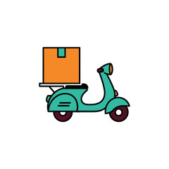 Teal scooter carrying an orange package delivers goods quickly through the city streets, showcasing efficient urban transport and modern convenience.