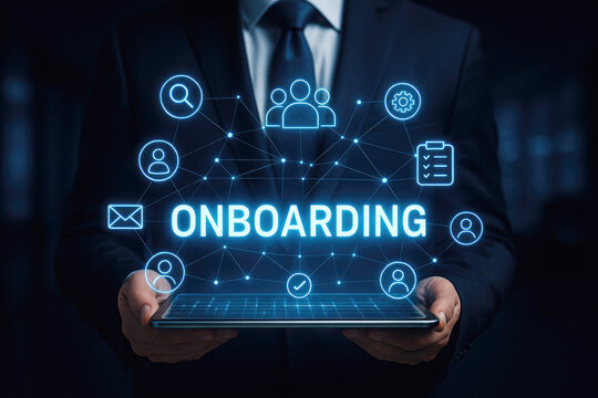 Businessman holding tablet with "ONBOARDING" text and icons for people and process onboarding - Powered by Adobe