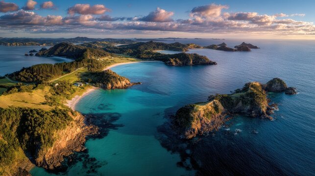 Dramatic aerial scene over the Bay of Islands: expansive ocean, islands and coast in sunlight