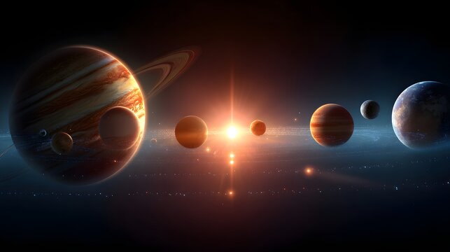 Diverse celestial bodies populate a dark expanse with a bright central star illuminating the scene.