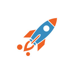 Blue and orange rocketship launching into space with fiery exhaust, symbolizing innovation and ambition.