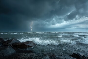 Dramatic seascape with thunderstorm and bright lightning bolt