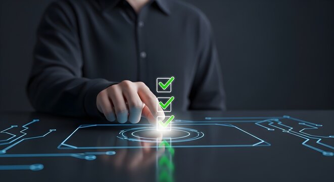 Person s hand interacting with a futuristic digital interface displaying a checklist with green checkmarks