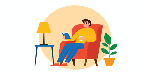 reading, man reading, armchair, flat illustration, vector illustration, cozy scene, relaxation, study, hobby, leisure, home, e-learning, digital education, line icons, minimalist, outline icons, icon 