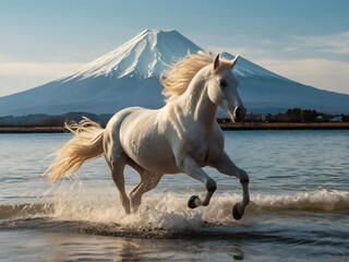 A white horse sprinting at full speed.