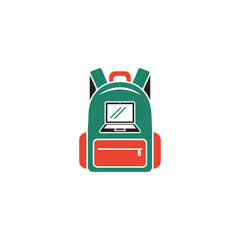 Green backpack displaying a laptop screen rests on a white surface, symbolizing modern education and technology integration with a clean and minimalist aesthetic.