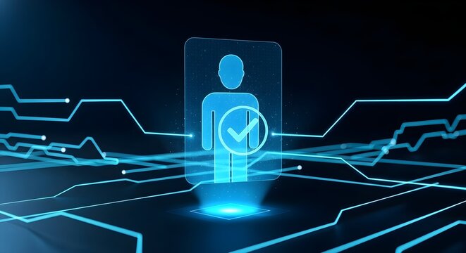 Digital identity verification with glowing blue human silhouette and checkmark in futuristic circuit board network