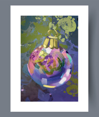 Metallic glazed ornament against vibrant painted background