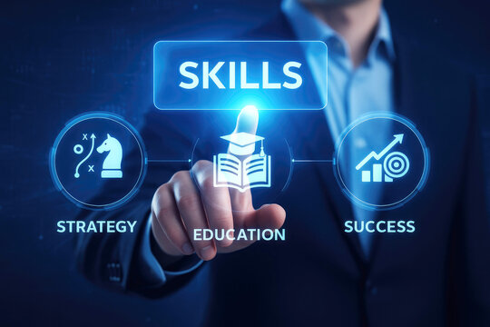Businessman pointing at digital interface with "SKILS" "STRATEGY" "EDUCATION" "SUCESS" and icons