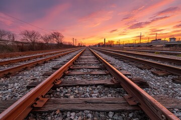 Fototapeta premium Dusk over a quiet railway corridor with distant signal lights