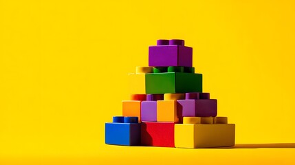 Obraz premium Stacked colorful plastic construction blocks form a pyramid shape against a bright yellow background