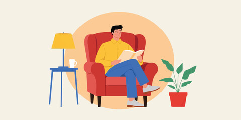 Cozy Reading & E-Learning Icon Set: Flat Illustration of Man Studying and Minimalist Vector Icons for Education and Digital Content