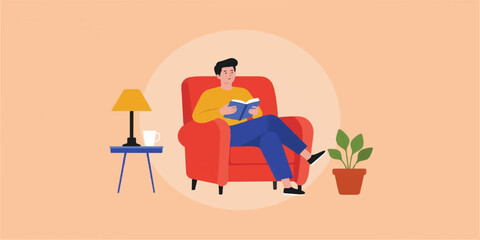 Reading & E-Learning Illustrations: Man in Armchair and Minimalist Education Vector Icons for Study, Relaxation, and Digital Content