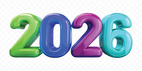 abstract 3d colorful three dimensional 2026 typography Isolated on a transparent background