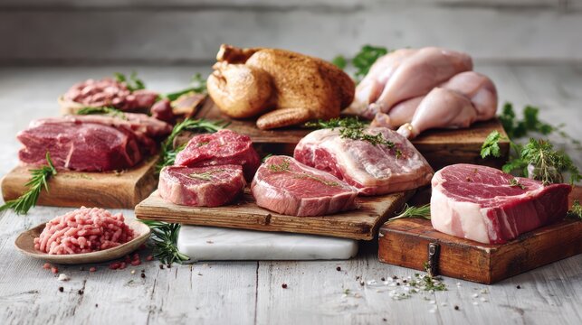 Editorial montage of raw meat assortment with marbling and texture - Powered by Adobe