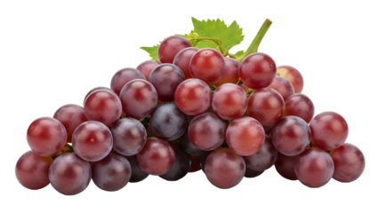 Cluster of deep red fruit with green foliage sits isolated against a dark background