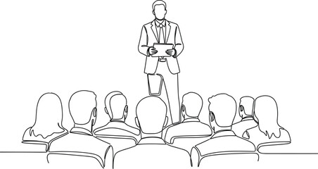 Continuous line art illustration of a speaker presenting to an audience, perfect for business meetings, seminars, training sessions, leadership, and corporate communication designs.
