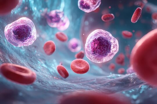 Educational illustration depicting cancerous cells moving through blood circulation