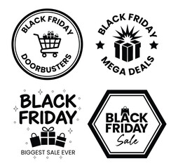 Black friday sale logos with shopping cart, gifts, stars, and promotional text on a white background