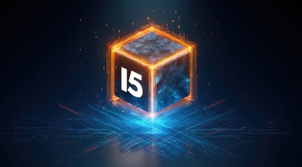 Glowing i5 marked cube hovers over lit tech surface, dark blue gradient backdrop