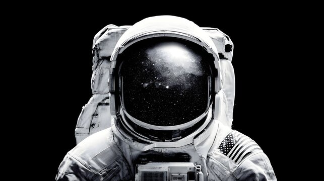 Monochrome representation of an astronaut facing forward against a dark void