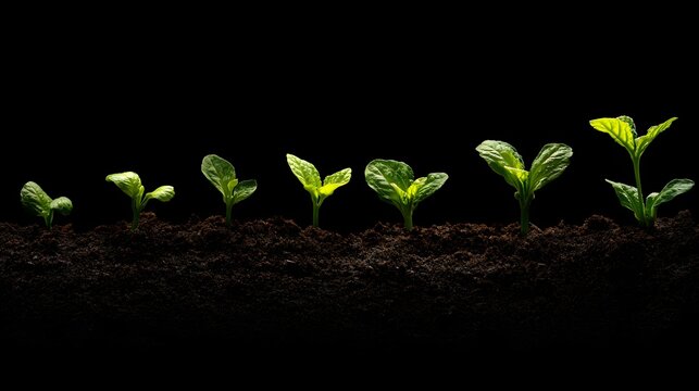 Sequence of plant sprouts showing distinct stages of growth emerging from dark soil against a black background