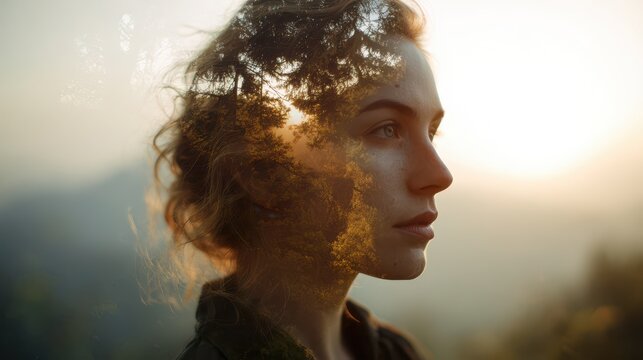 Elegant Female Portrait Featuring Layered Double Exposure of Forest and Ocean View