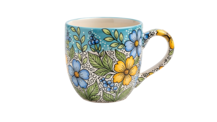 Handpainted ceramic drinking vessel features vibrant floral and botanical illustrations against a dark background.