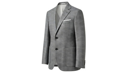 Tailored gray plaid sport coat displayed against a solid black background