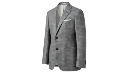 Tailored gray plaid sport coat displayed against a solid black background