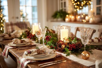 Elegant holiday place setting featuring glass ornaments and pine greenery
