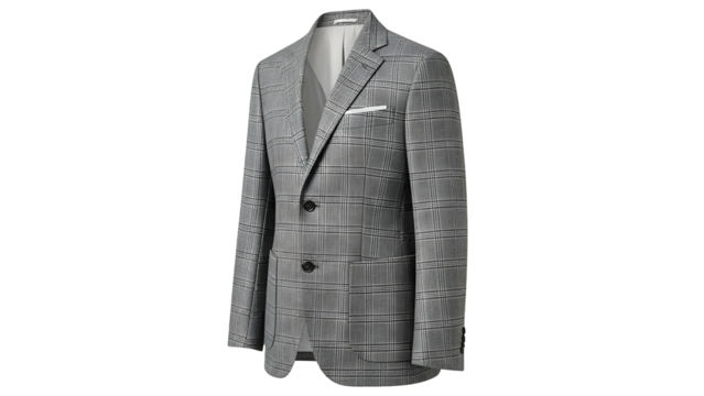 Tailored gray plaid sport coat displayed against a solid black background