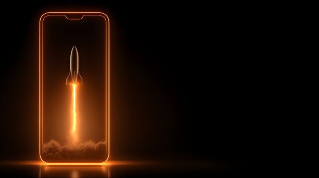 Glowing digital border frames a sleek spacecraft launching with fiery exhaust from a handheld communication device