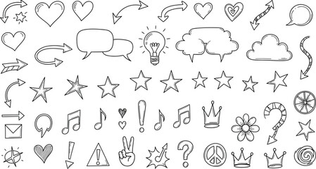 Obraz premium Hand Drawn Doodle Set with Arrow, Star, Heart, Speech Bubble on White Background