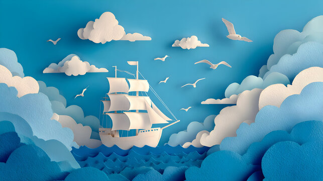 Tranquil seascape in paper cut out style featuring sailing ship and soaring birds