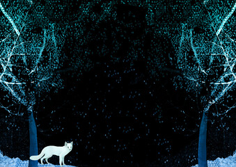 Ilustracja biały lis w czarnym lesie tekstura kontrasty. © Monika