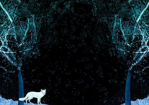 Fototapeta Ilustracja biały lis w czarnym lesie tekstura kontrasty.