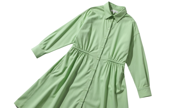 Long sleeved collared dress featuring gathered waist detail presented against a dark background